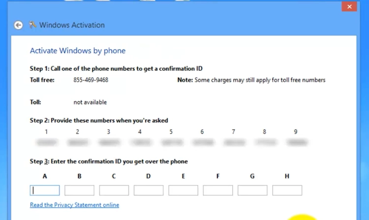 call microsoft for telelphone activation of windows 8.1
